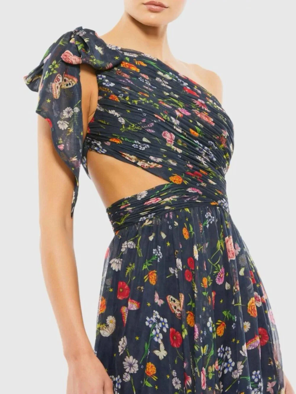 MAC DUGGAL Size 0 Navy 67938 Floral Tied One Shoulder Cut-Out Flowy Gown Dress - Picture 2 of 14